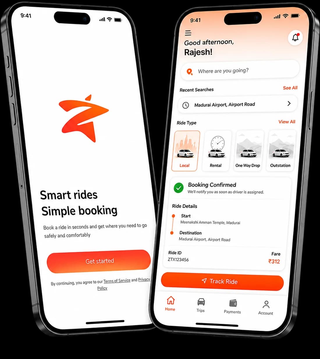 The Zion Taxi rider app: a splash screen and a home screen showing a confirmed booking with live fare and driver details